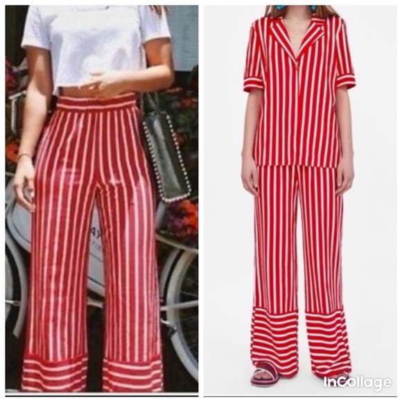 Zara palazzo trouser Red and white striped wide leg pants with elastic waist S - Picture 3 of 13